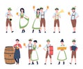 Young oktoberfest characters, flat bavarian people dance and drinking beer. German festival, traditional party woman