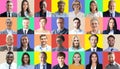 Young and old people group headshots in collage on different bright colored backgrounds. Royalty Free Stock Photo