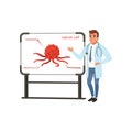 Young oncologist doctor giving presentation about cancer cell vector Illustration on a white background