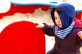 Young one holding an empty red signpost Royalty Free Stock Photo