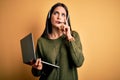 Young operator woman with blue eyes working on call center using computer laptop and headset serious face thinking about question, Royalty Free Stock Photo