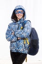 Young optimistic girl with rucksack isolated on