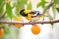 young oriole stretching wings on an orange branch, preparing to fly Royalty Free Stock Photo