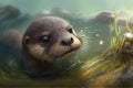 Young otter pup with a mischievous glint in its eye, popping its head out of the water, eager to play and frolic with its family