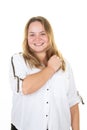 Young overweight blond pretty happy smiling woman with hand on shoulder standing smile happy on white background studio portrait Royalty Free Stock Photo