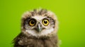 A young owl or owlet portrait in a green studio. AI Generated.