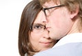 Young pair in glasses, man and woman on white Royalty Free Stock Photo