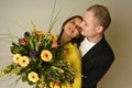 Young pair happyness with bouquetin love and Royalty Free Stock Photo