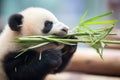 young panda cub nibbling on a bamboo shoot