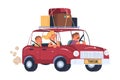 Young Parent with Kid Traveling by Car with Luggage Trunks on Roof Having Trip on Vacation Vector Illustration Royalty Free Stock Photo