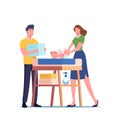 Young Parents Characters Stand at Child Table Change Diapers to Newborn Baby, Happy Dad and Mom Looking on Child