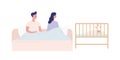 Young parents having sleepless nights with a newborn baby vector flat illustration. Mother and father in bed during
