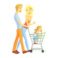 Young Parents With Little Girl Shopping, Happy Loving Families With Kids Spending Weekend Together Vector Illustration