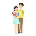 Young Parents With Newborn Kid In Arms, Illustration From Happy Loving Families Series