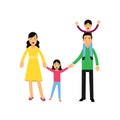 Young parents posing with their sona and daughter, son sitting on dad shoulders, husband and wife with children vector