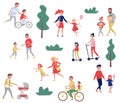 Young parents spending time with their kids. Outdoor activities. Family day. Happy childhood. Flat vector set