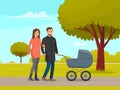 Young parents strolling in park with baby stroller. Family walking in park. Mom and dad happy couple Royalty Free Stock Photo