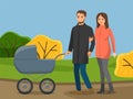 Family walking in the autumn park. Parents are rolling stroller. Autumn warm day. Cartoon characters Royalty Free Stock Photo