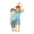 Young Parents And Toddler Son Sitting On Fathers Shoulders, Illustration From Happy Loving Families Series