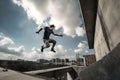 Young Parkour and Freerunning athlet trianing in an urban enviroment with a blue sky in the background, neural network