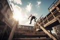 Young Parkour and Freerunning athlet trianing in an urban enviroment with a blue sky in the background, neural network