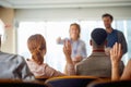 Young participants having discussion at a business lecture in the conference room. Business, people, meeting, company Royalty Free Stock Photo