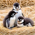 Young penguins sitting together in a hay-like manner