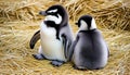 Young penguins sitting together in a hay-like manner