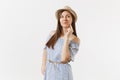 Young pensive dreamful tender elegant charming woman dressed blue dress, cute hat posing isolated on white background