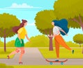 Young people active lifestyle extreme sport set. Girls roller skating and riding skateboard in park Royalty Free Stock Photo