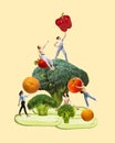 Young people around healthy food,broccoli, red pepper, citrus, tomatoes. Eating fruits and vegetables. Contemporary art