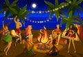 Young people at beach night party, cartoon characters around campfire on exotic island, vector illustration