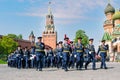 Young people in blue uniforms are walking along Red Square. Police squad. Russian army. Victory Parade: Moscow, Russia