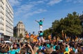 Young people during a `Castellers` performance, a traditional sport based on creating human towers.