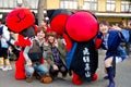 Young people celebrating a sake festival in the old town of Hida Takayama, Japan