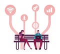 Young People Characters Using Gadgets Sitting on Bench, Chatting in Social Media Networks Royalty Free Stock Photo