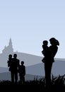 Young people with children going to church holiday catholic illustration