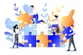 Young people collect multicolor puzzle. Vector flat illustration. Development, teamwork, partnership business metaphor Royalty Free Stock Photo