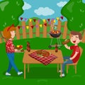 Young people cooking and eating bbq while sitting in the garden, barbecue party in holiday cartoon vector Illustrations