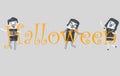 Young people in costumes holding halloween letters. 3d illustration