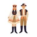 Young people in Czech national clothing. Couple of man and woman in traditional costumes. Colored flat vector