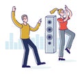 Young people dance on disco over speakers and equalizer background. Cartoon man and woman dance