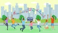 Young people dance in urban park vector illustration. Men, women, girls jump to music from tape recorder. City buildings