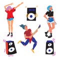 Young people dances isolated object set. The girl dance, guy play the guitar. Flat vector illustration