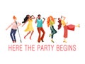 Young people dancing and singing. Retro party 80 years. Vector illustration in style of music