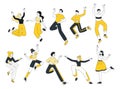 Young people dancing vector illustrations set. Joyful men and women in casual clothes cartoon characters pack. Cheerful