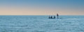 Young people are engaged in water sports in Black Sea against beautiful background of sky. Man with paddle is standing on inflatab