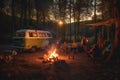 Young People Enjoy Auto Camping Nighttime Outdoor Recreation. AI