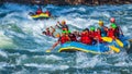 Rishikesh, India - young People on adventure white water river rafting are enjoying water sports in river Ganges
