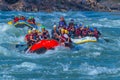 Rishikesh, India - young People on adventure white water river rafting are enjoying water sports in river Ganges